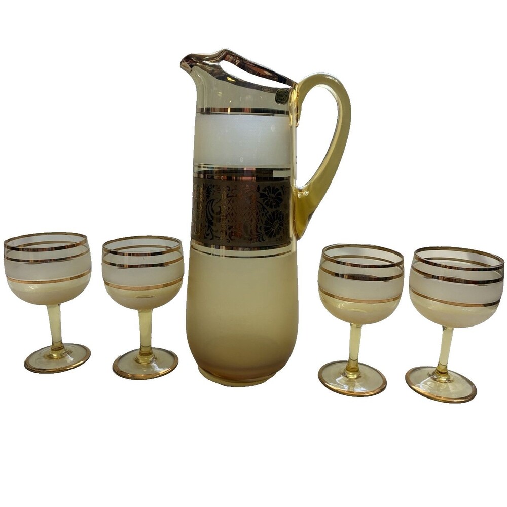 Bohemia Crystal Pitcher and 4 Drink Glasses Made in Czechoslovakia Gold Vintage